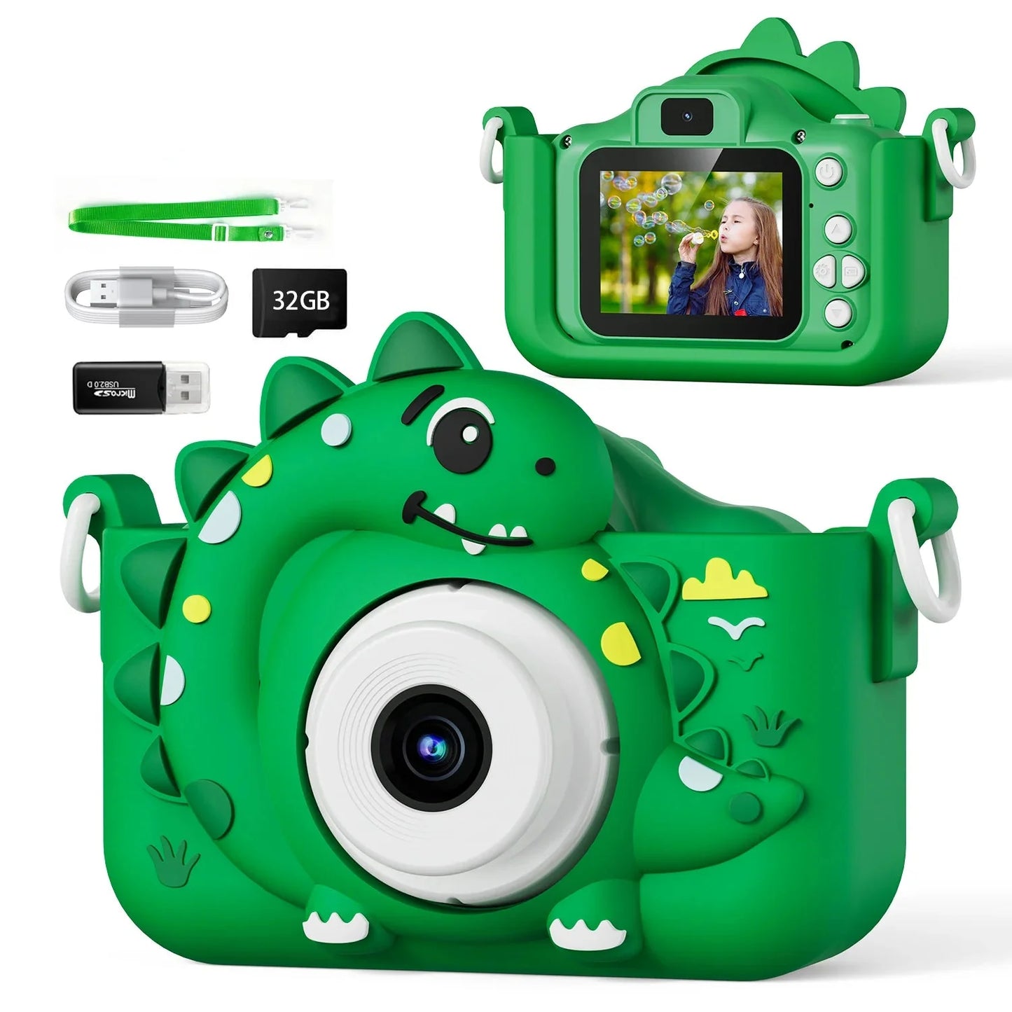 Playful Kid-Friendly HD Digital Camera, Soft Silicone Case, 32GB Card Included